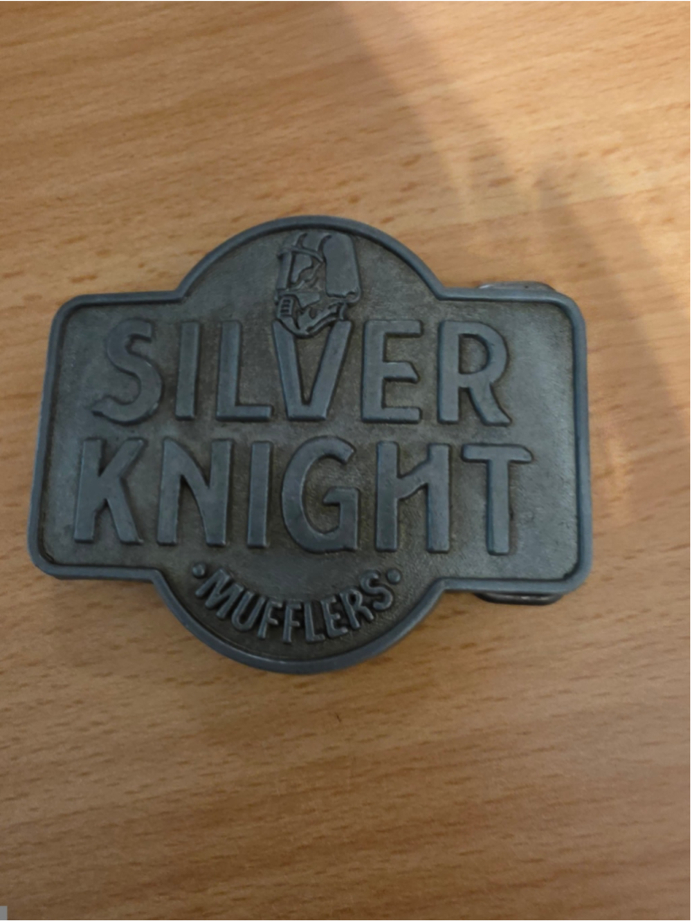 Vintage 1990s Silver Knight Mufflers Metal Plaque Sign Automotive Memorabilia